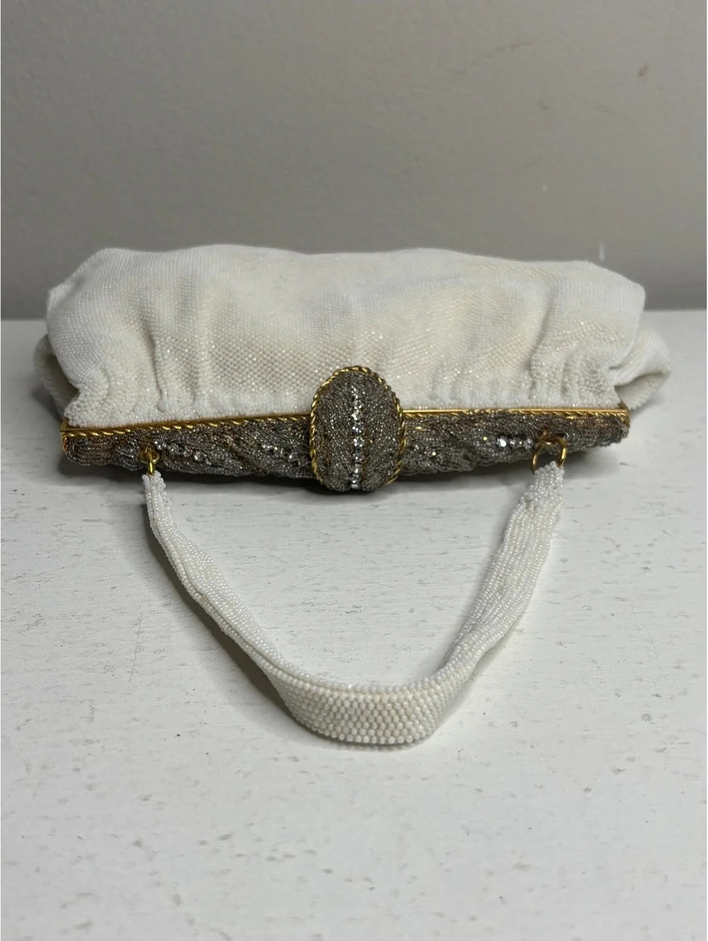 Vintage Manhill Paris White & Silver Seed Bead with Rhinestone Evening Bag